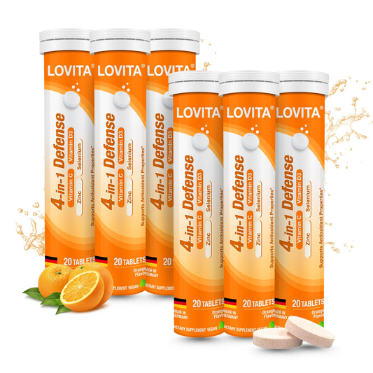 Lovita 4-in-1 Defense tablet in bottle for immune support.