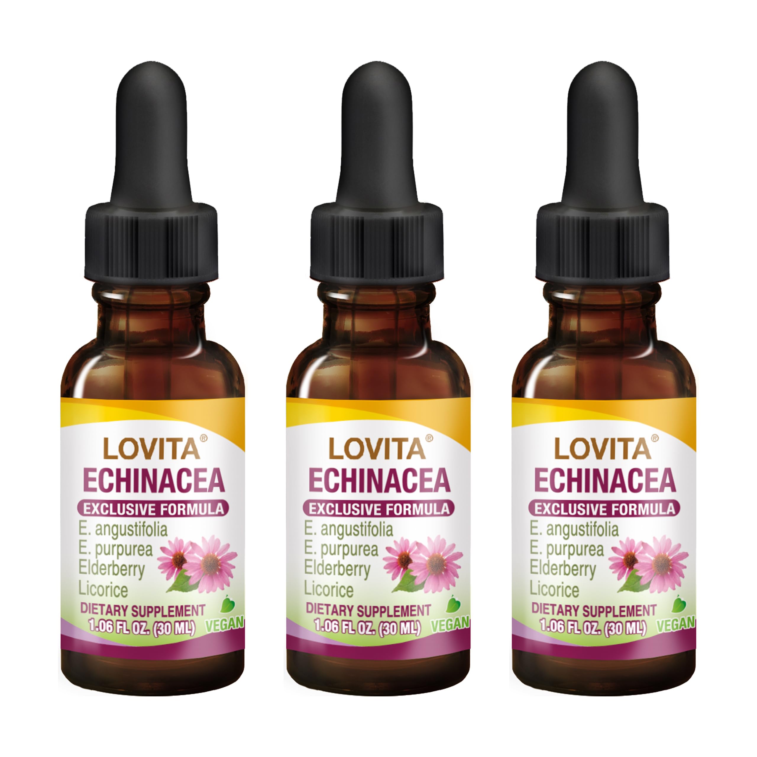 LOVITA echinacea extract liquid bottle on counter for daily immune support.
