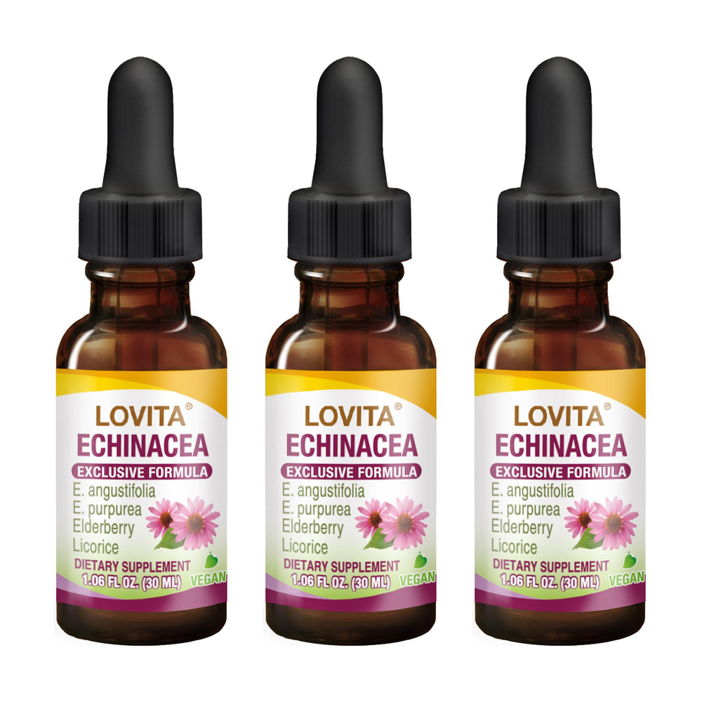 LOVITA echinacea extract liquid bottle on counter for daily immune support.
