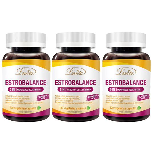 Lovita Estrobalance bottle front showing the menopause support container