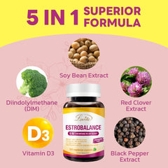 Lovita Estrobalance capsules close-up highlighting DIM-based formula
