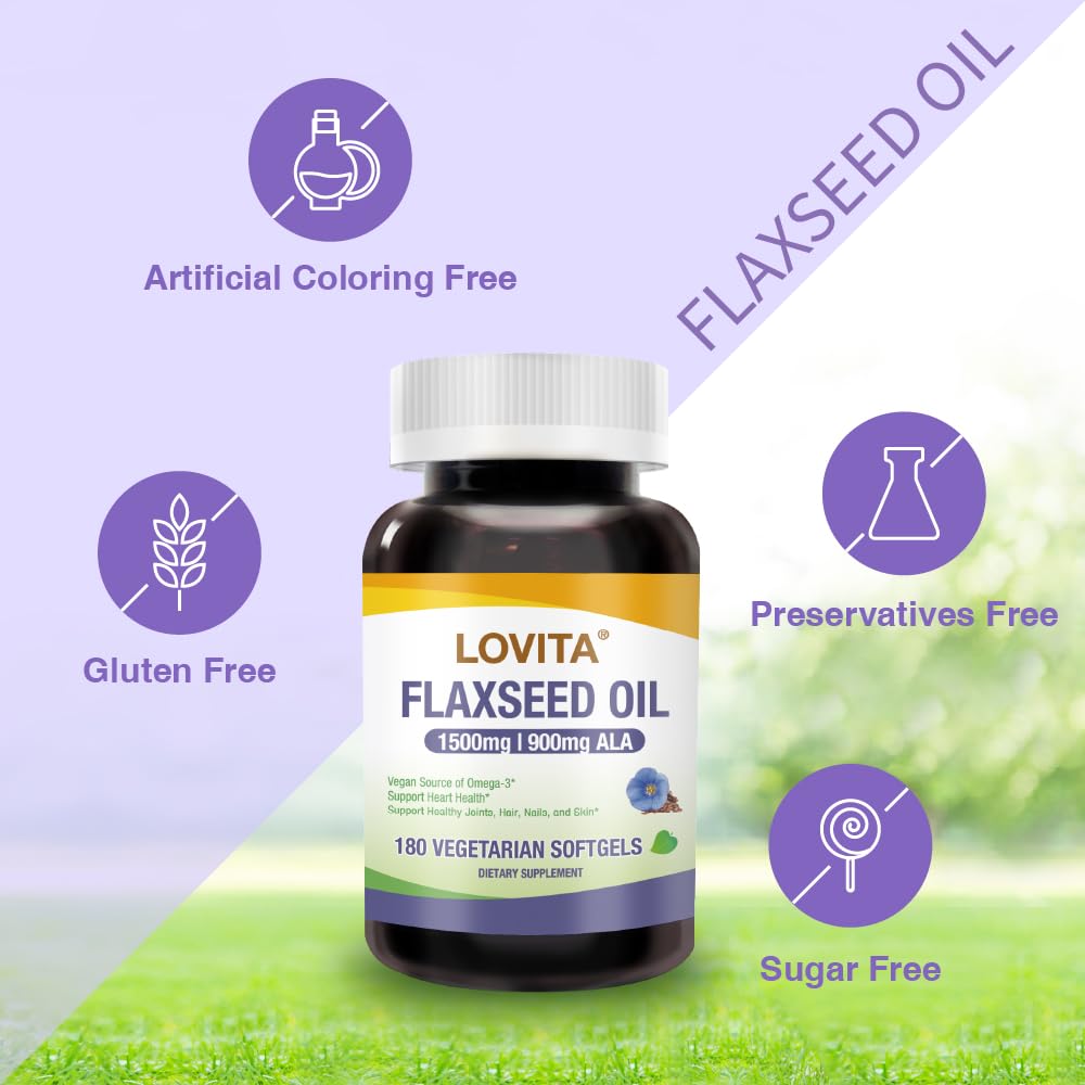 LOVITA flaxseed oil capsules on display suggest a 90-day daily omega-3 routine.