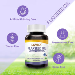 LOVITA flaxseed oil capsules on display suggest a 90-day daily omega-3 routine.