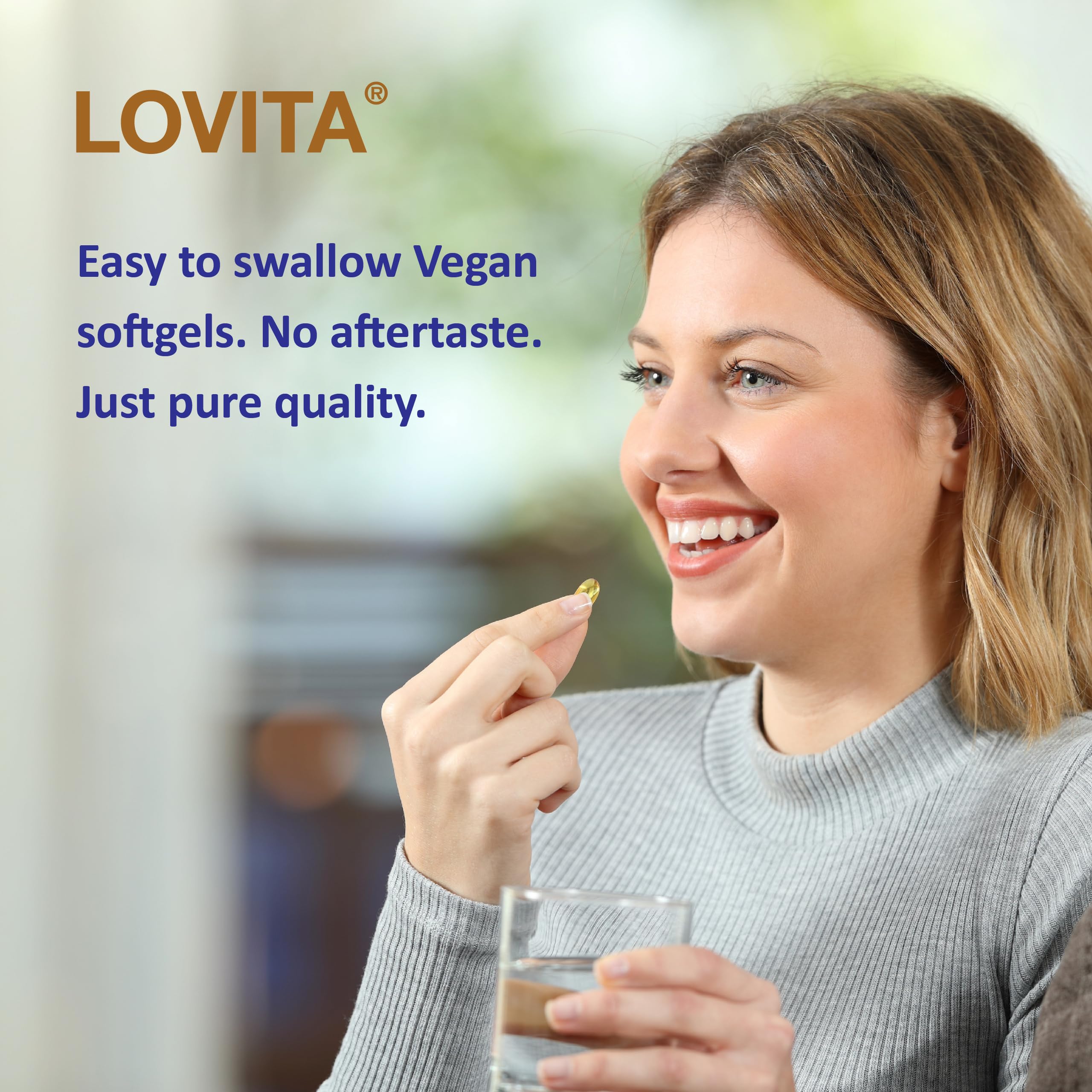 LOVITA flaxseed oil label closeup highlights non-GMO and gluten-free attributes.