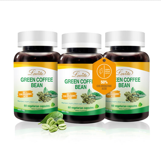 LOVITA green coffee bean extract bottle shows 50% chlorogenic acid for daily wellness.
