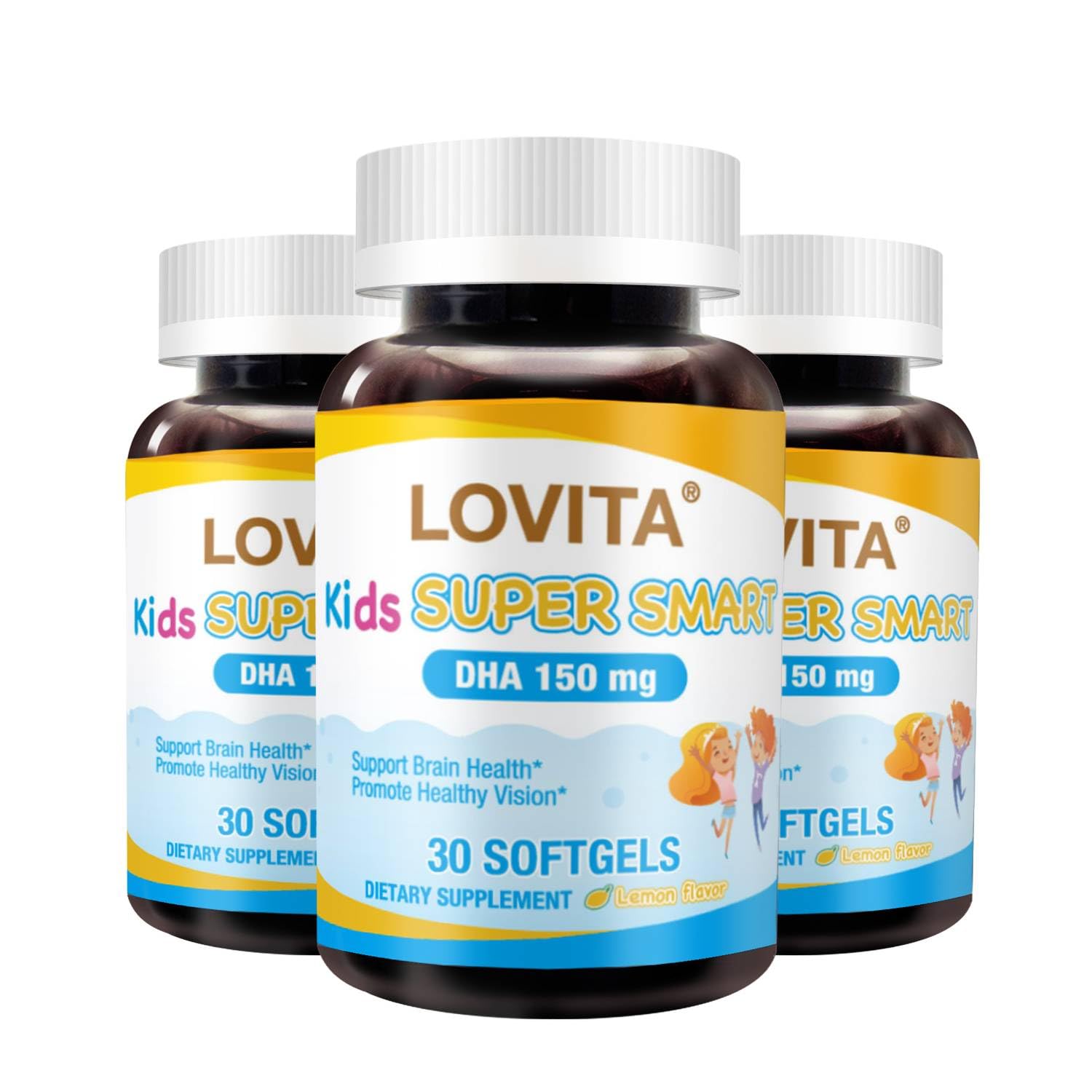 Lovita Kids Omega-3 lemon-flavored softgels in a bottle for brain and vision support.