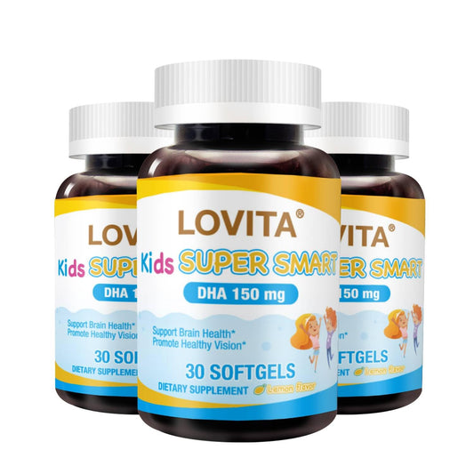 Lovita Kids Omega-3 lemon-flavored softgels in a bottle for brain and vision support.