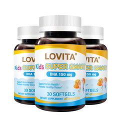 Lovita Kids Omega-3 lemon-flavored softgels in a bottle for brain and vision support.