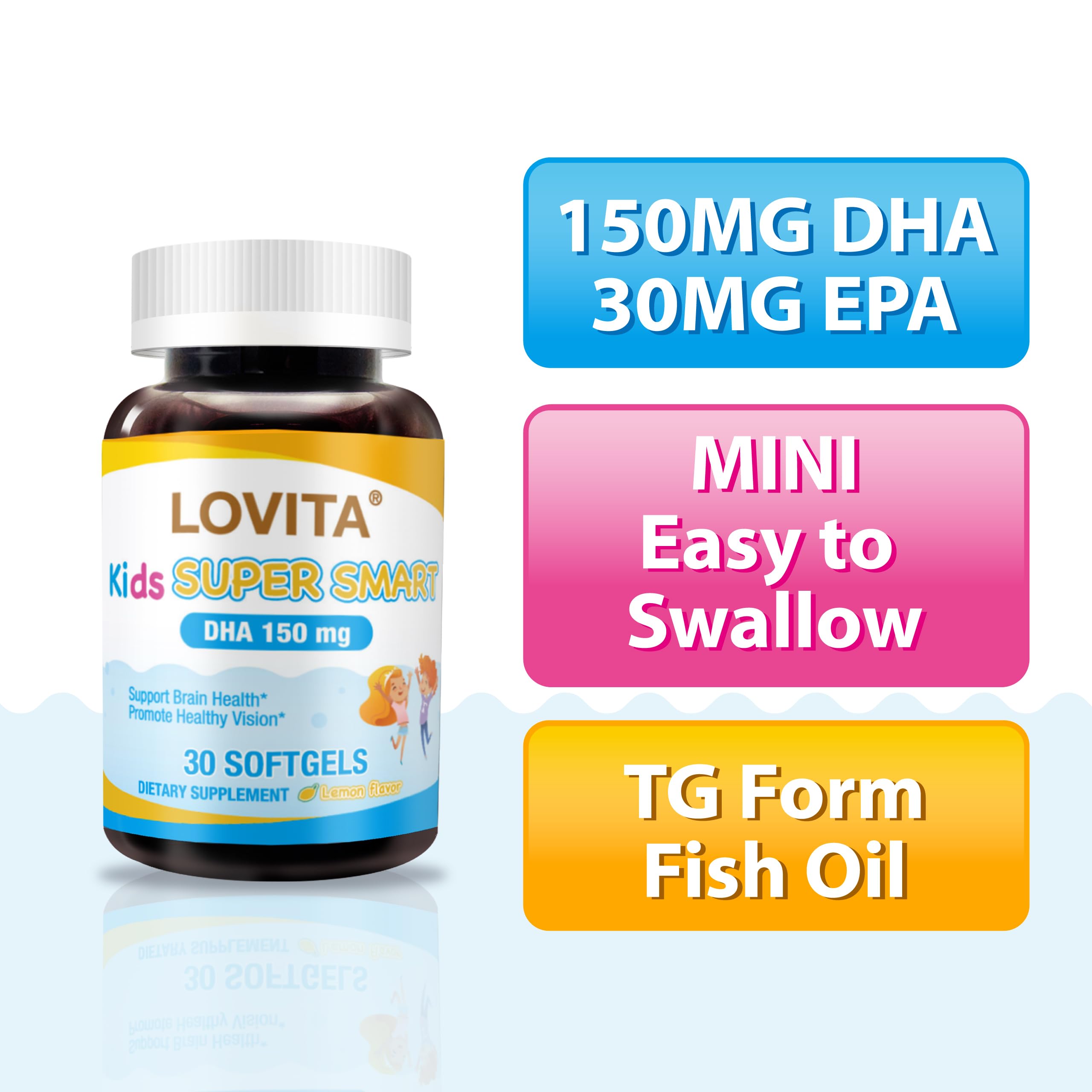 Close-up of Lovita Kids Omega-3 softgel showing size and texture.