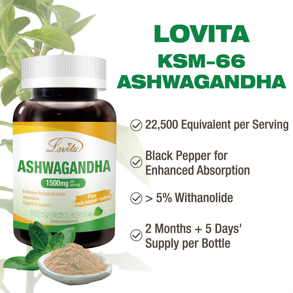 Lovita KSM-66 Ashwagandha capsules closeup highlighting vegan capsules