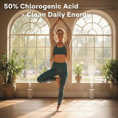 Close-up of LOVITA label highlights 50% chlorogenic acid content.