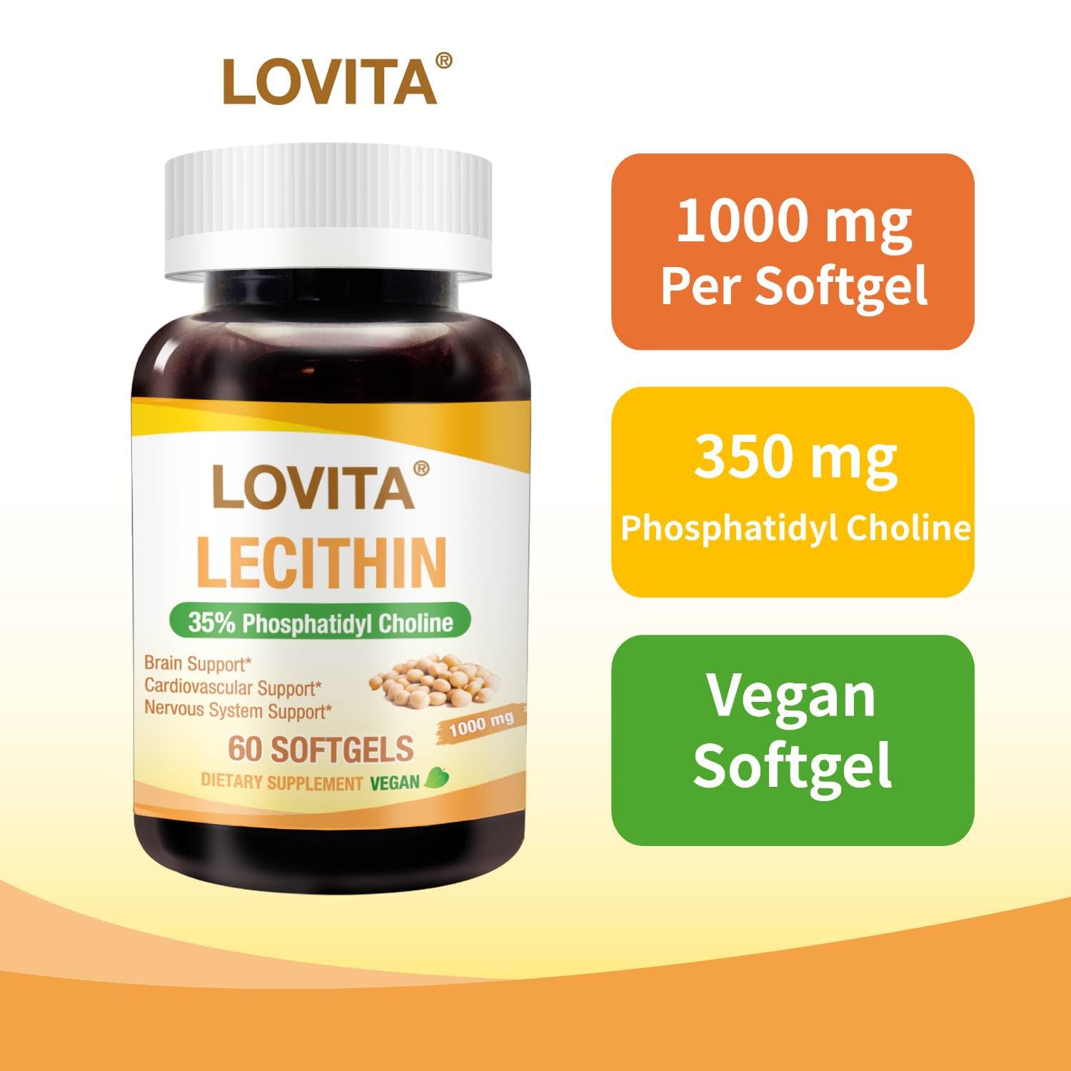 Lovita Lecithin label close-up shows 1000mg per softgel