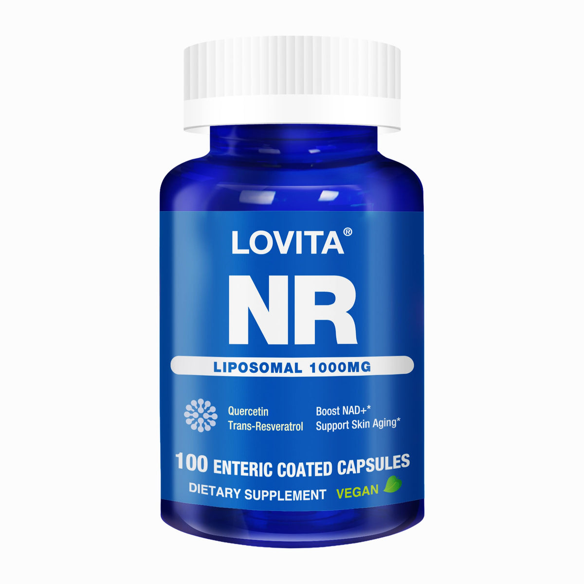 Lovita Liposomal NR bottle front, highlighting enhanced absorption for daily energy.