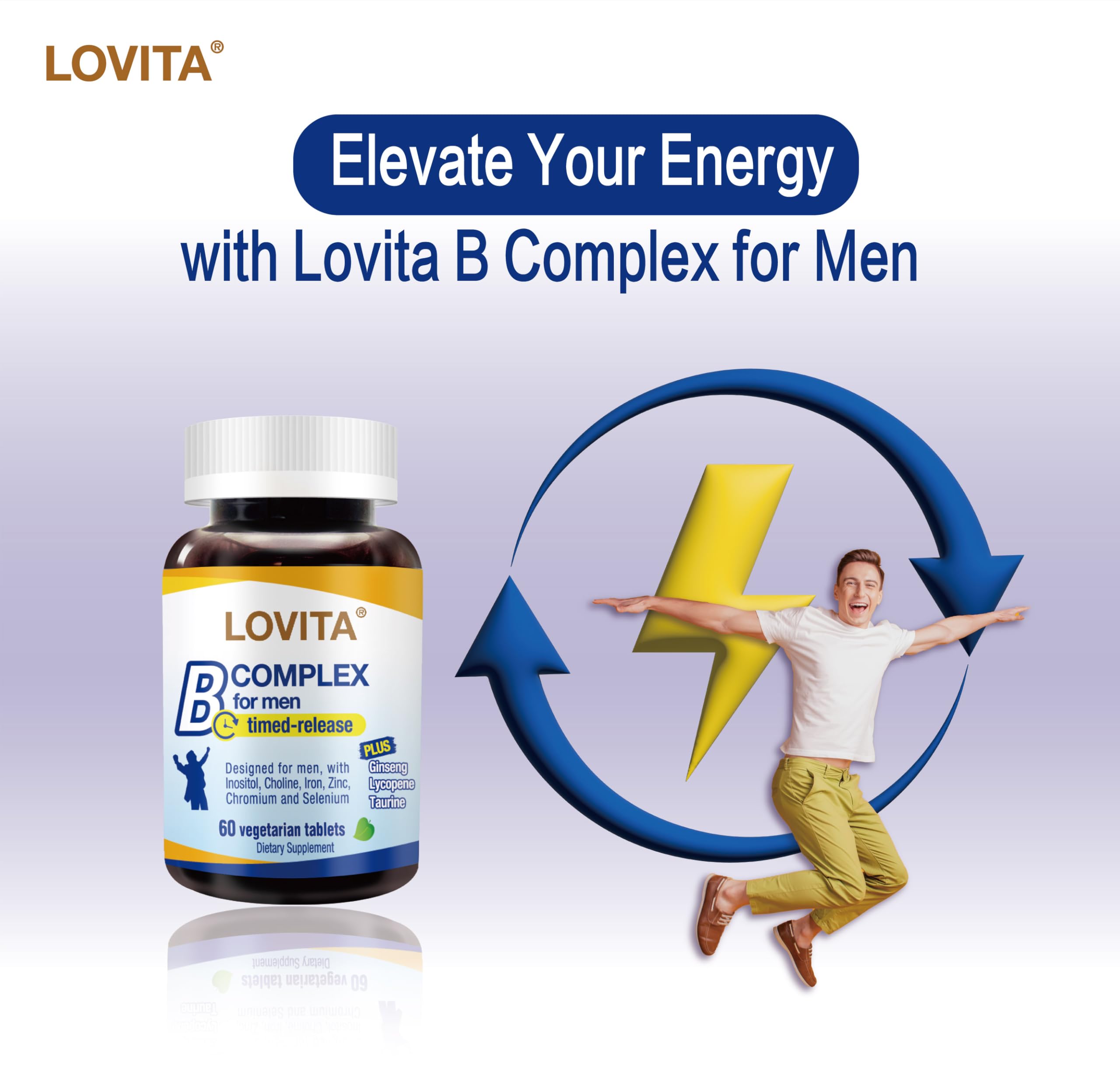 Close-up of Lovita B Complex vegetarian tablets for daily use.
