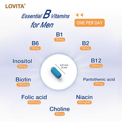 Lovita B Complex ingredients panel featuring inositol, choline, minerals for balance.