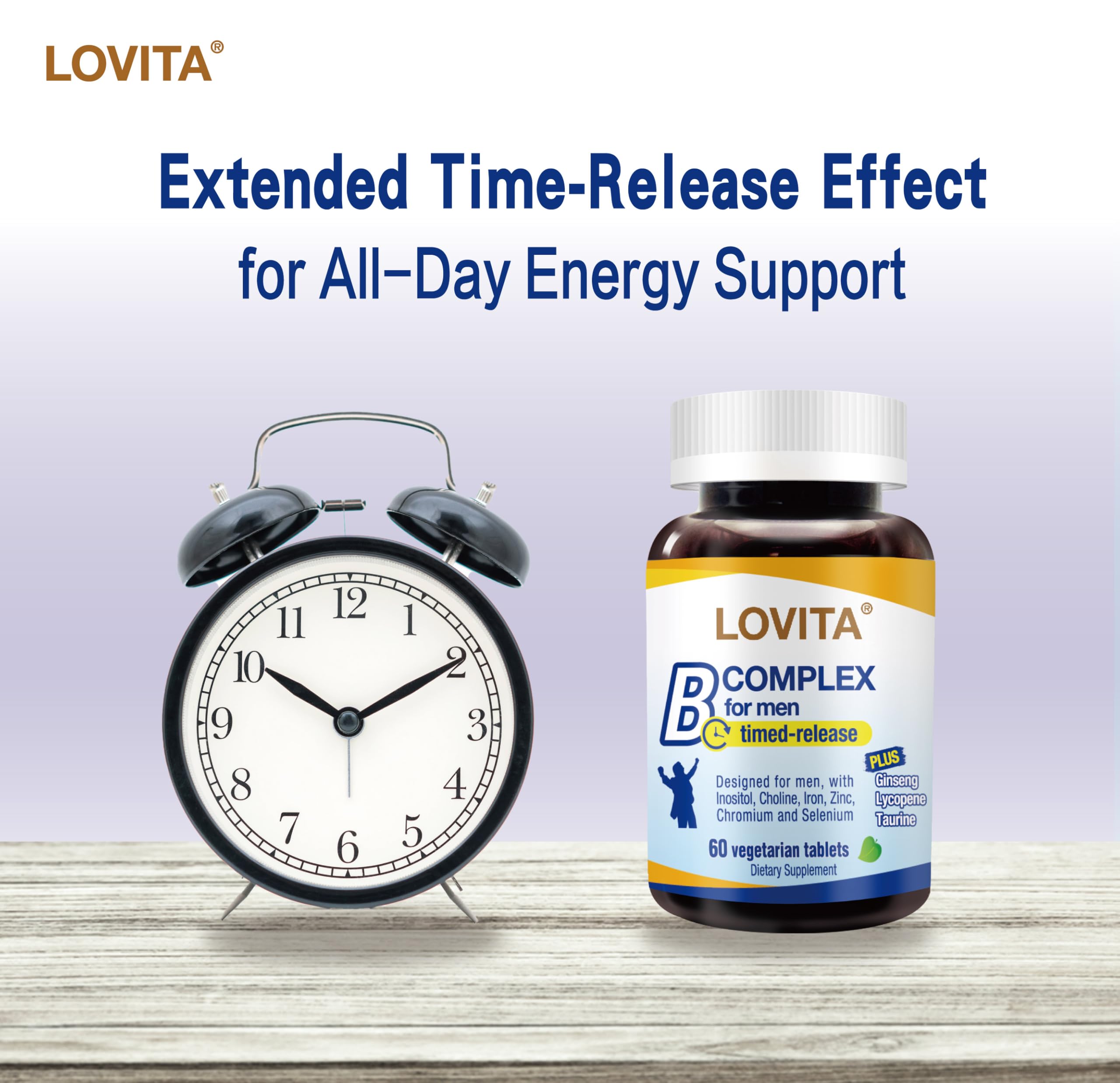 Illustration of 8-hour time-release concept for steady nutrient delivery by Lovita.