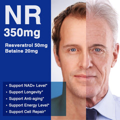 LOVITA NAD+ ingredient blend featuring NR, trans-resveratrol, and betaine for balance.