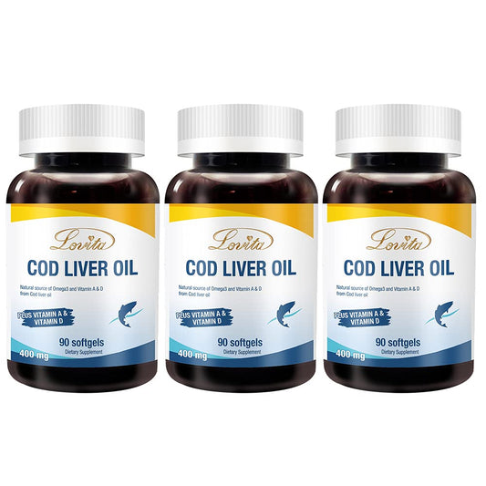 Lovita Norwegian Cod Liver Oil bottle highlights Arctic origin and omega-3 benefits.