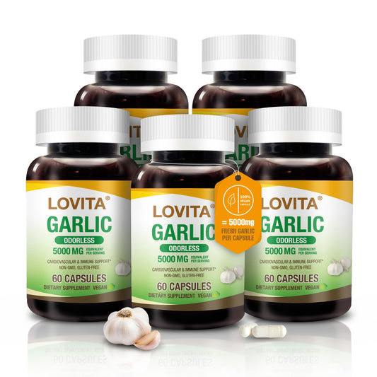 LOVITA Odorless Garlic Capsules bottle shown for daily heart and immune support