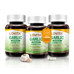 LOVITA Odorless Garlic Capsules bottle on white surface for daily wellness