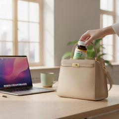 LOVITA Odorless Garlic Capsules with glass of water illustrates convenient daily taking