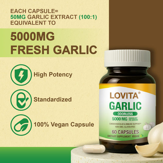 LOVITA Odorless Garlic Capsules label highlighting potency and 5000 mg equivalent