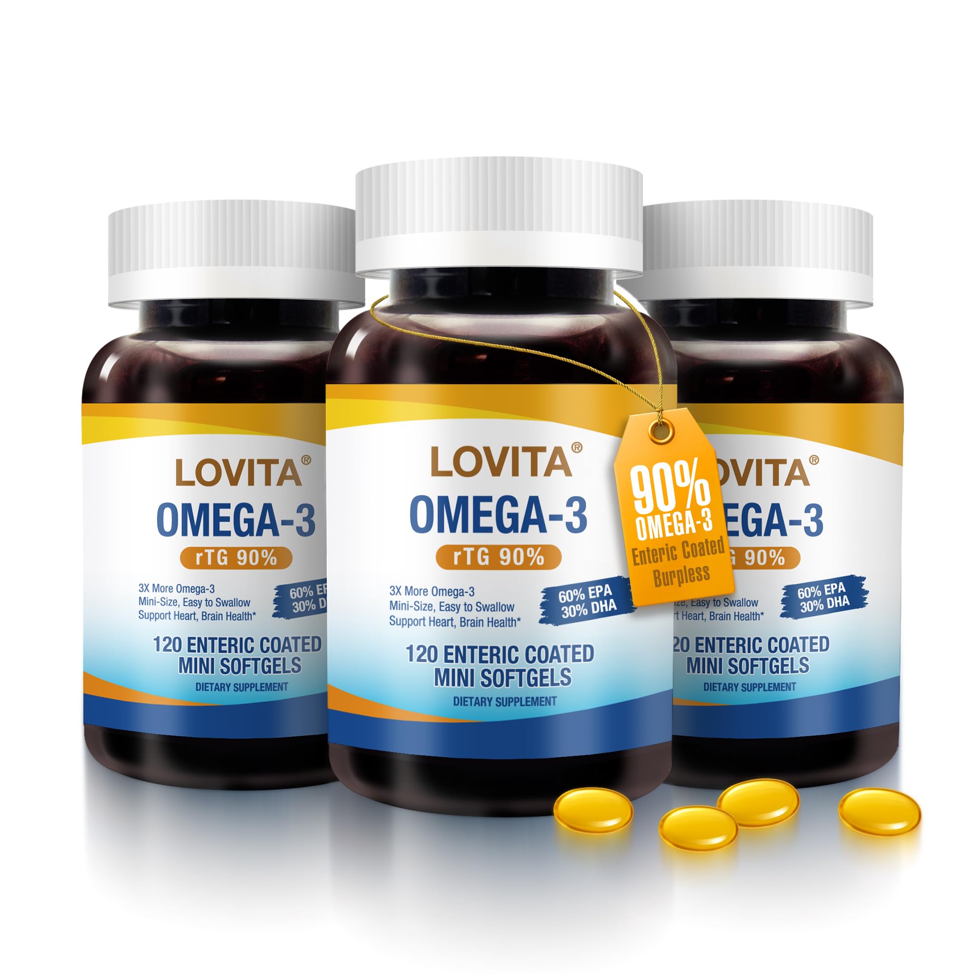 LOVITA Omega-3 2000mg bottle highlighting high-absorption profile for heart and brain health