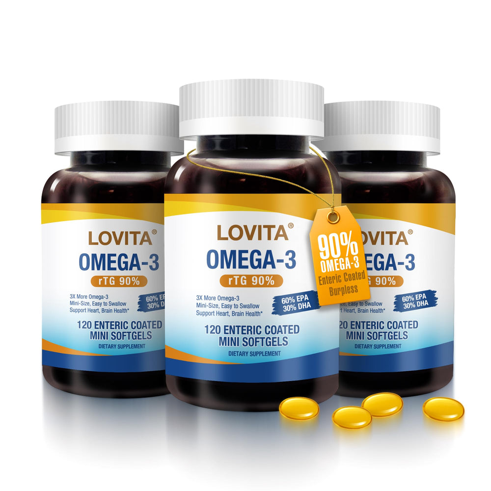 LOVITA Omega-3 2000mg bottle highlighting high-absorption profile for heart and brain health