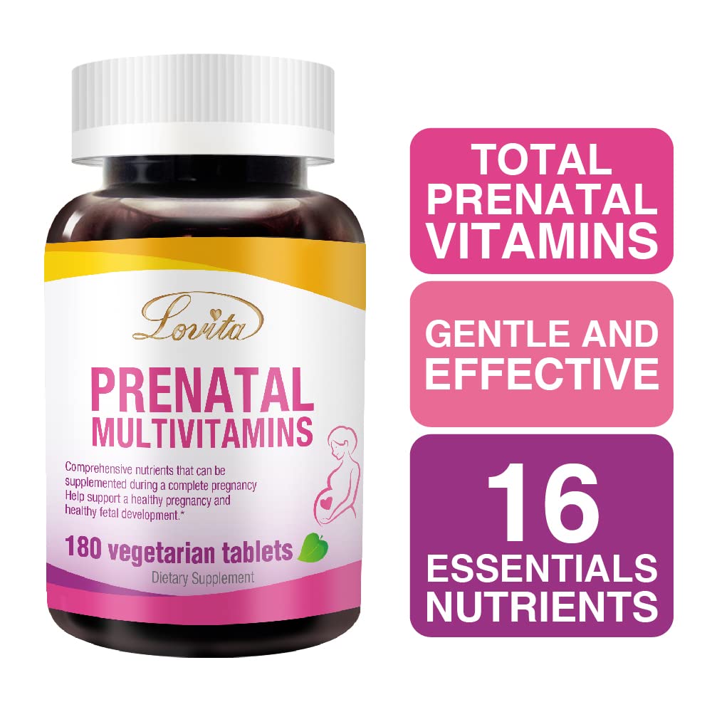 LOVITA Prenatal vitamins bottle nutrition label highlights 16 essential nutrients.