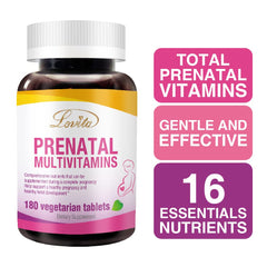 LOVITA Prenatal vitamins bottle nutrition label highlights 16 essential nutrients.