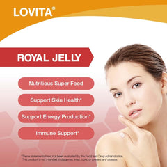 Gluten-free and Non-GMO seals on Lovita Royal Jelly package.