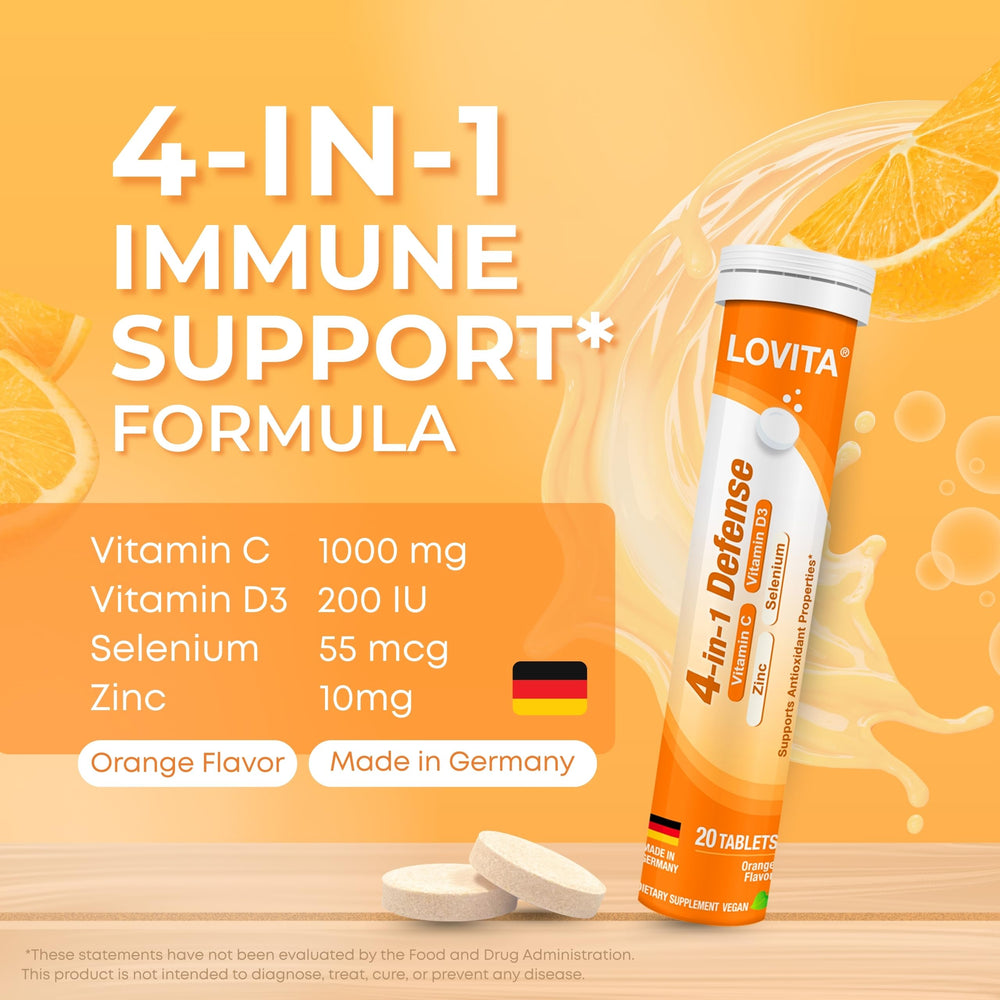 Lovita orange-flavored effervescent tablet dissolving in water.