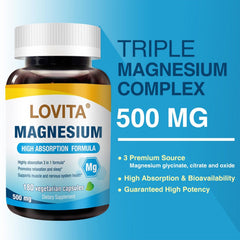 Closeup of Lovita magnesium capsules showing 500 mg per capsule dosage.