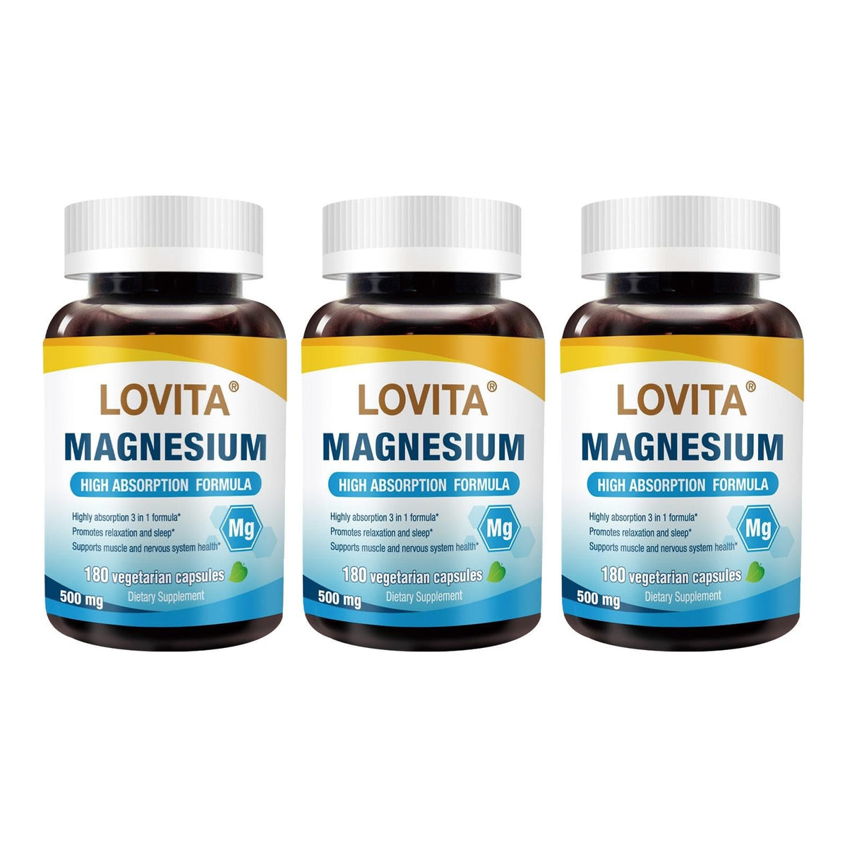 Lovita Triple Magnesium Complex packaging highlights high potency formula for daily wellness.