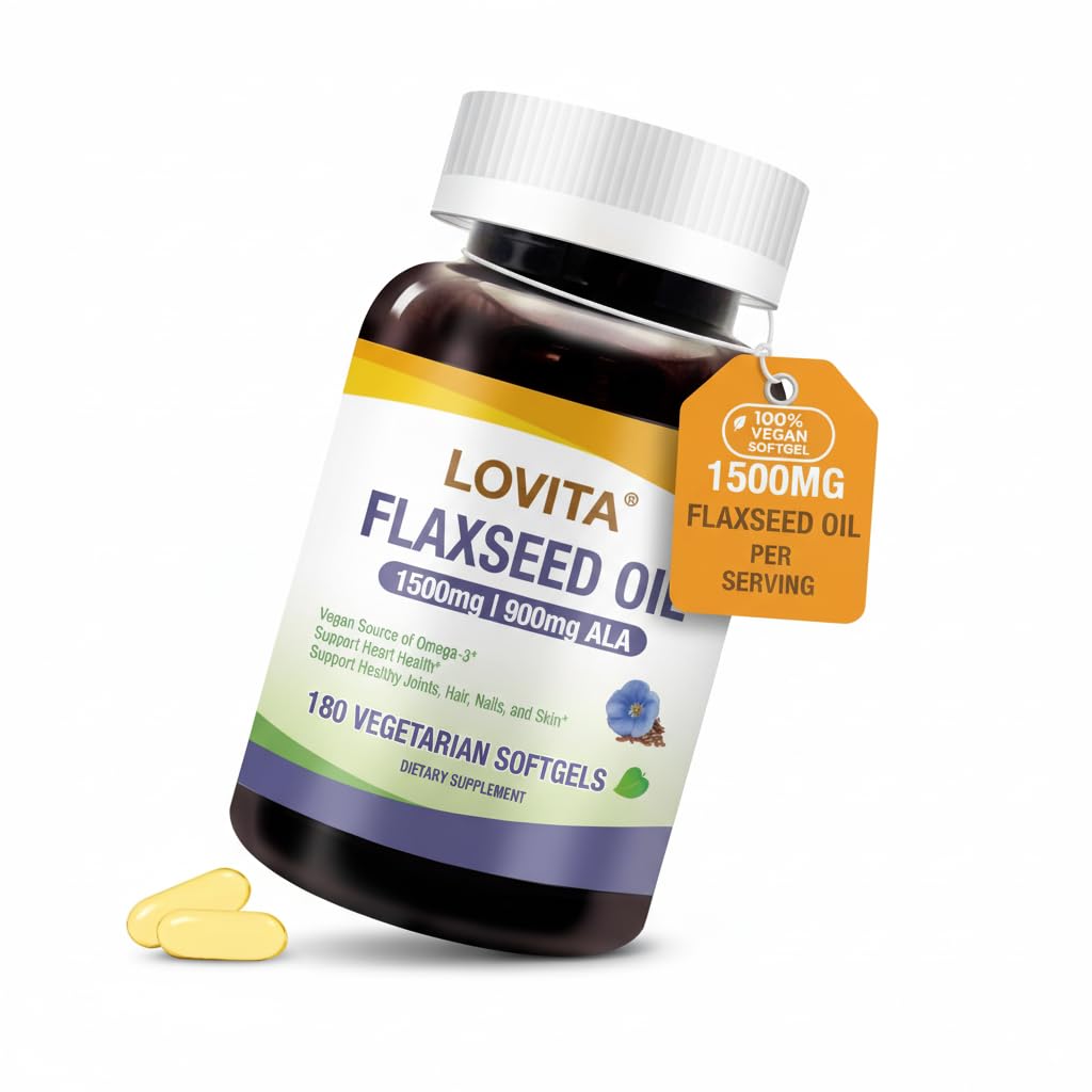 LOVITA vegan flaxseed oil bottle highlights high-potency omega-3 for daily plant-based intake.