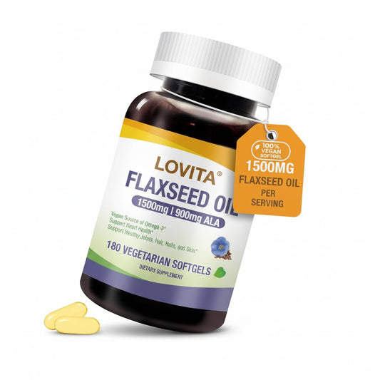 LOVITA vegan flaxseed oil bottle highlights high-potency omega-3 for daily plant-based intake.