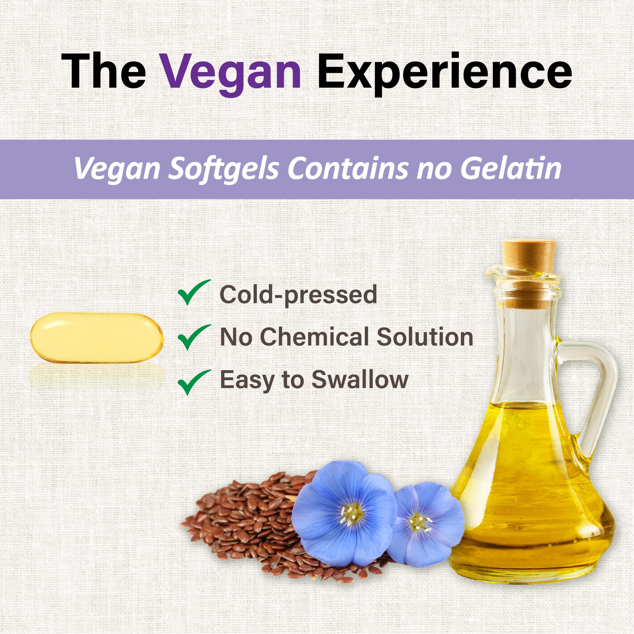 LOVITA vegan flaxseed oil softgels image shows odorless capsules for easy daily use.
