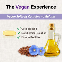 LOVITA vegan flaxseed oil softgels image shows odorless capsules for easy daily use.