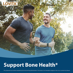 Vegan, gluten-free, non-GMO LOVITA tablets displayed on white background.