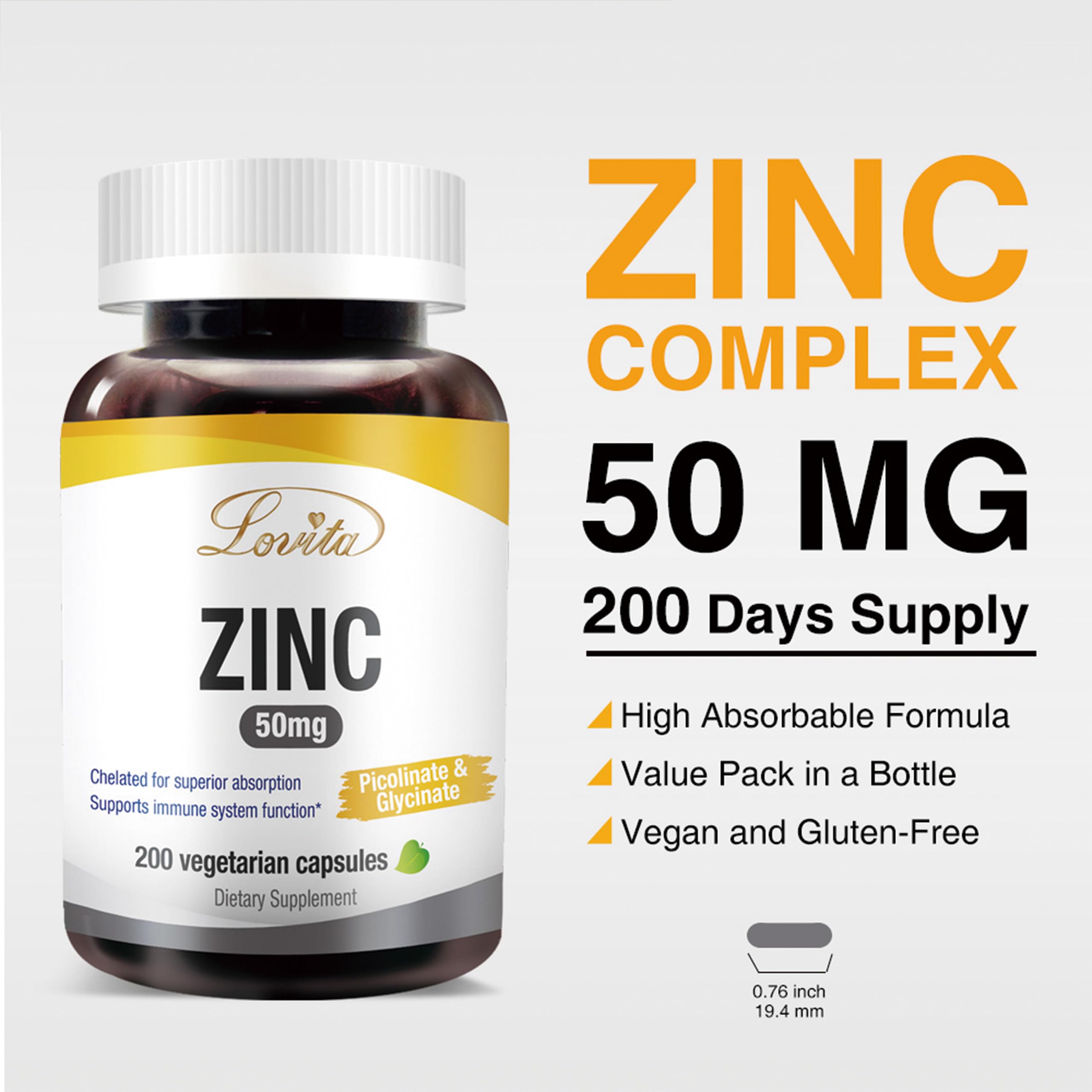 LOVITA Zinc 50mg daily dose image emphasizes a simple wellness routine.