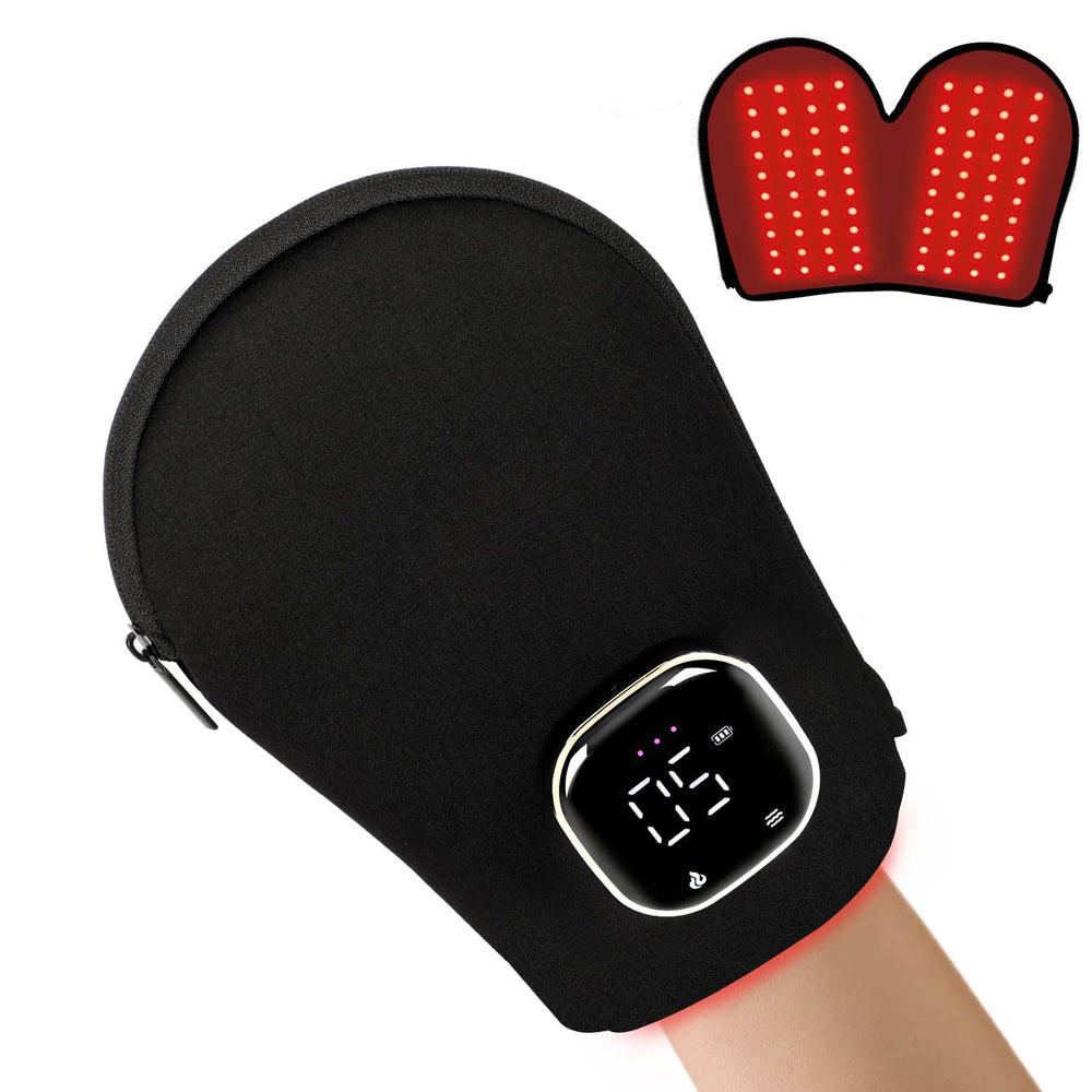 LOVTRAVEL 660nm red light glove top-view showing full hand coverage for therapy