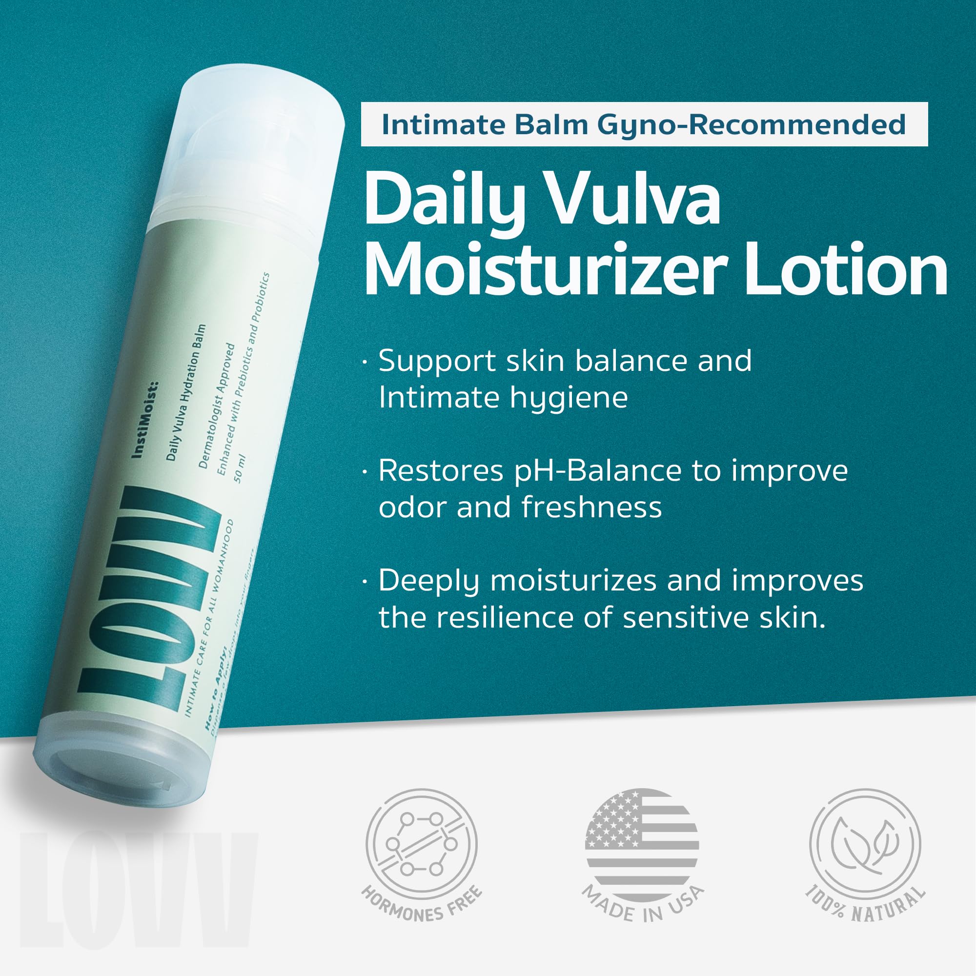 LOVV Instimoist Vulva probiotic blend illustration suggests skin balance.
