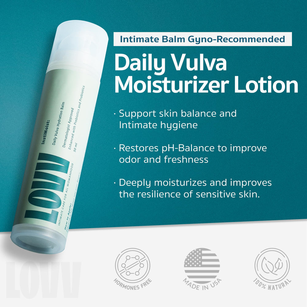 LOVV Instimoist Vulva probiotic blend illustration suggests skin balance.