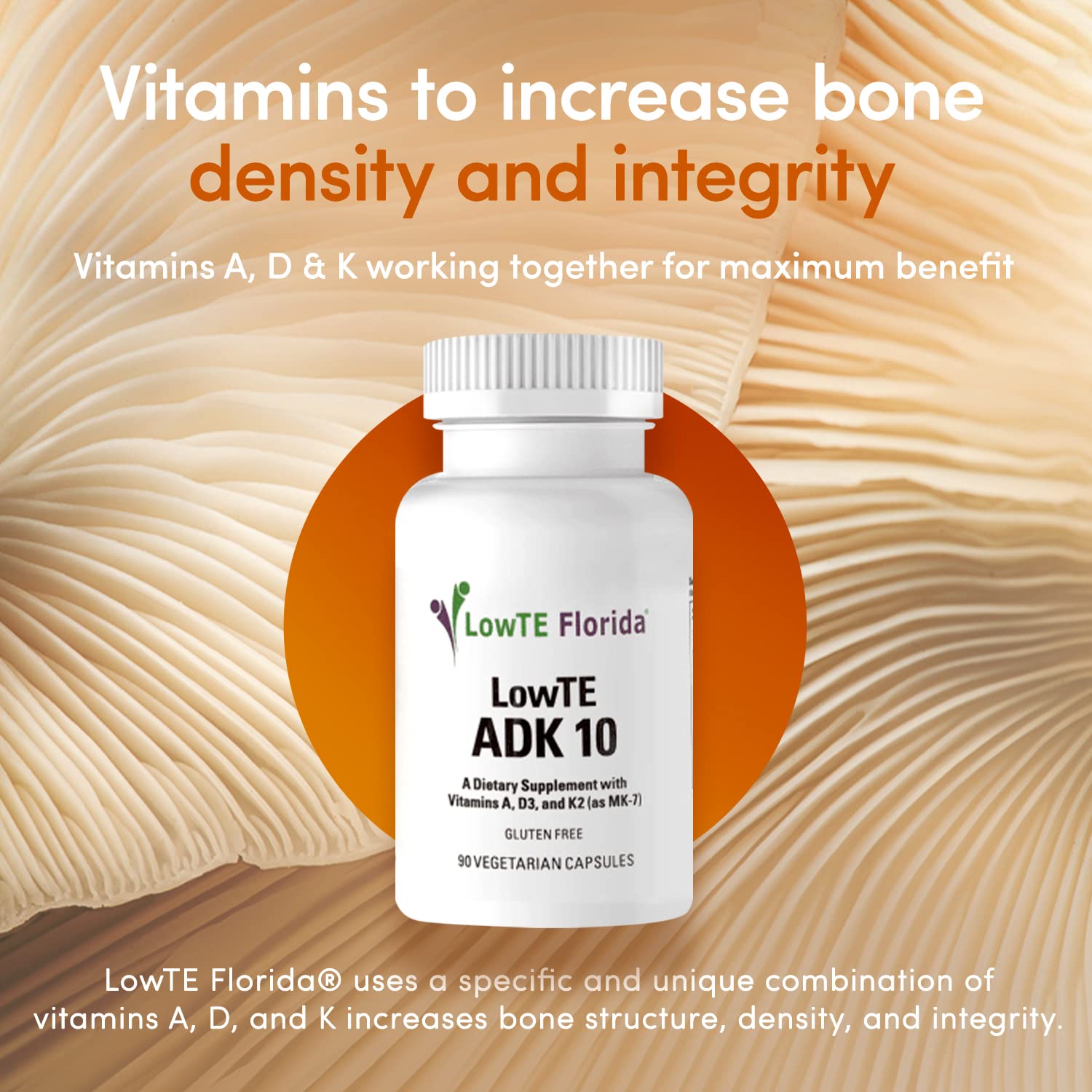 LowTE Florida ADK packaging close-up communicates high-potency vitamins A, D, K for wellness