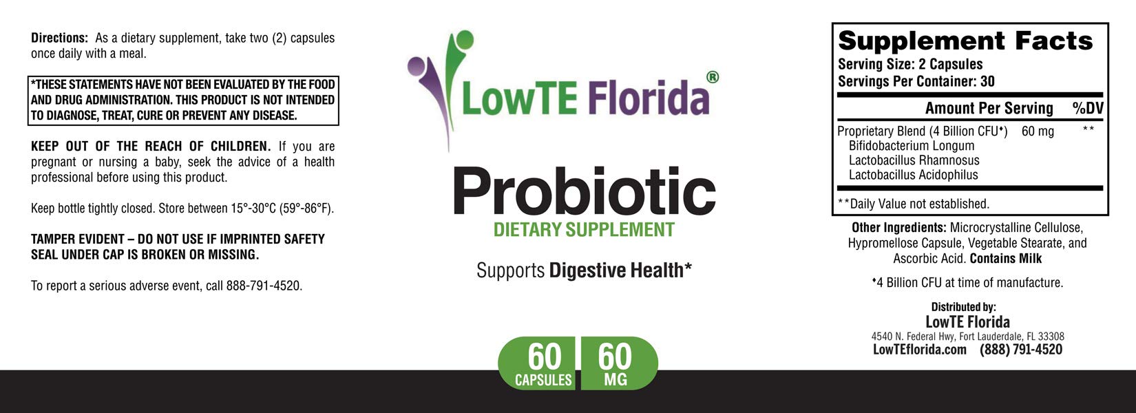 Close-up of LowTE Florida probiotic capsules highlighting convenient 30-day supply.
