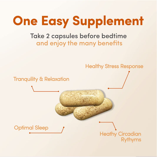 Close-up of Sleep Deep capsules highlighting melatonin and botanicals for night-time relaxation.