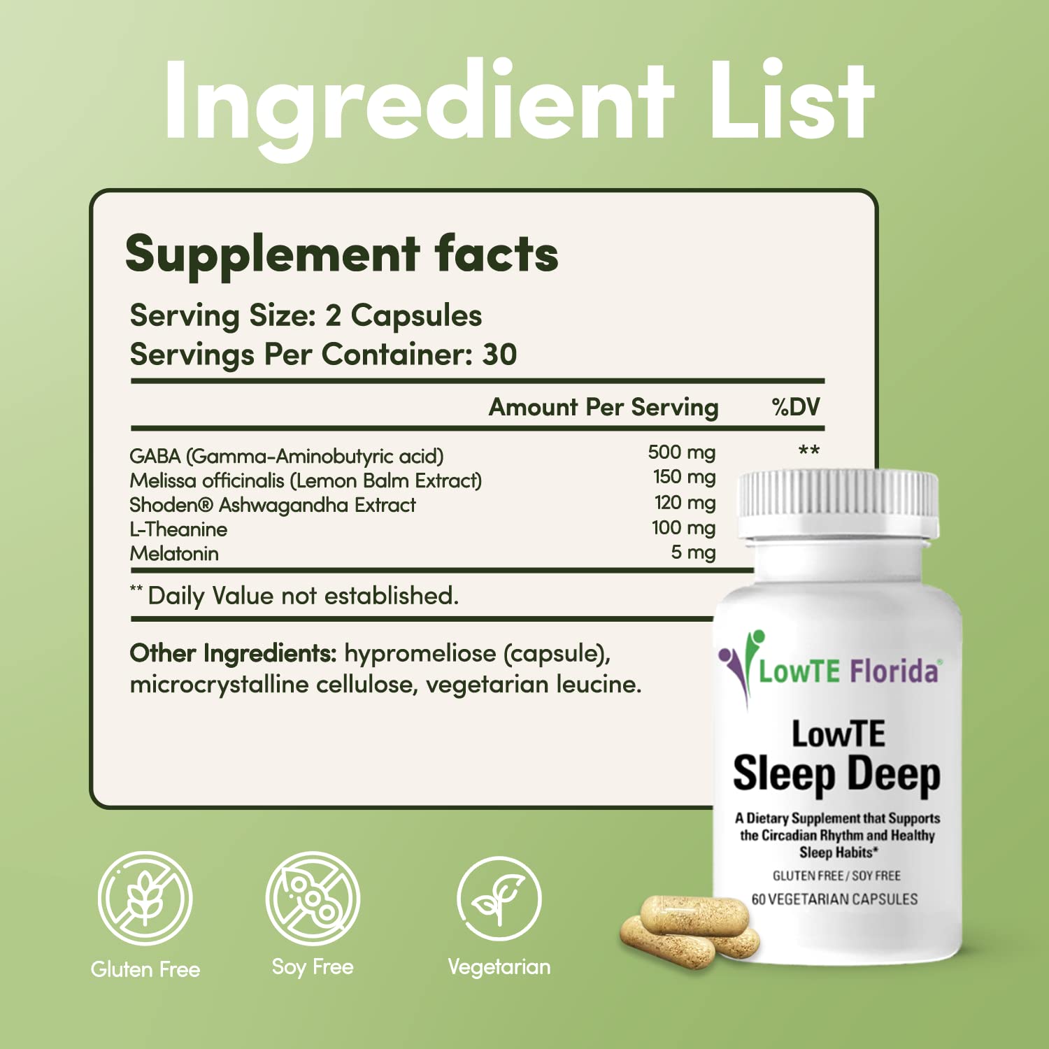 Sleep Deep label details show melatonin 5 mg and key ingredients.