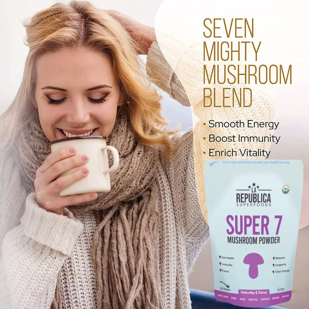 LRLA Superfoods La Republica Superfood Super 7 powder jar showcasing pure mushroom blend