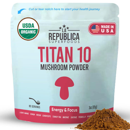 LRLA SUPERFOODS Titan 10 bottle showing organic mushroom powder for focus