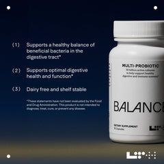 LTH Balance Multi Pro 30B on shelf communicates shelf-stable probiotic convenience.